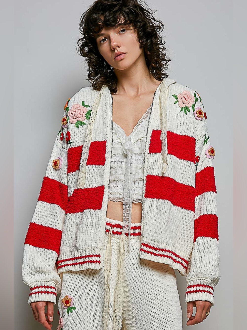 New 🔥POL Striped Hooded Cardigan with Floral Embroidery in Red